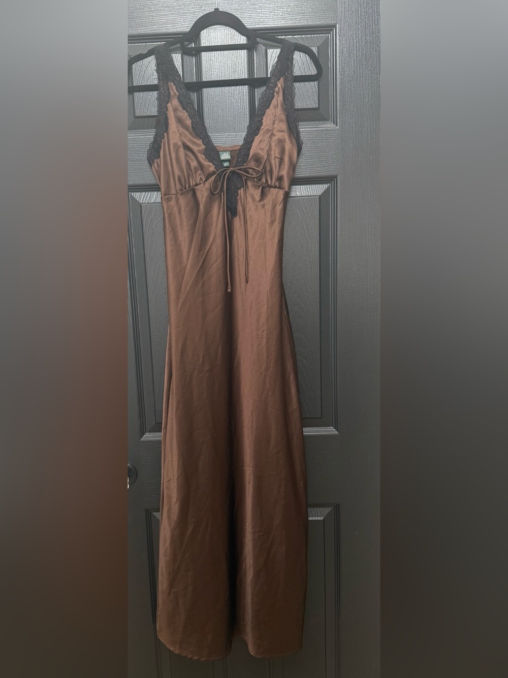 Wild Fable Brown Satin With Black Lace-Trim Maxi Slip Dress Size Small